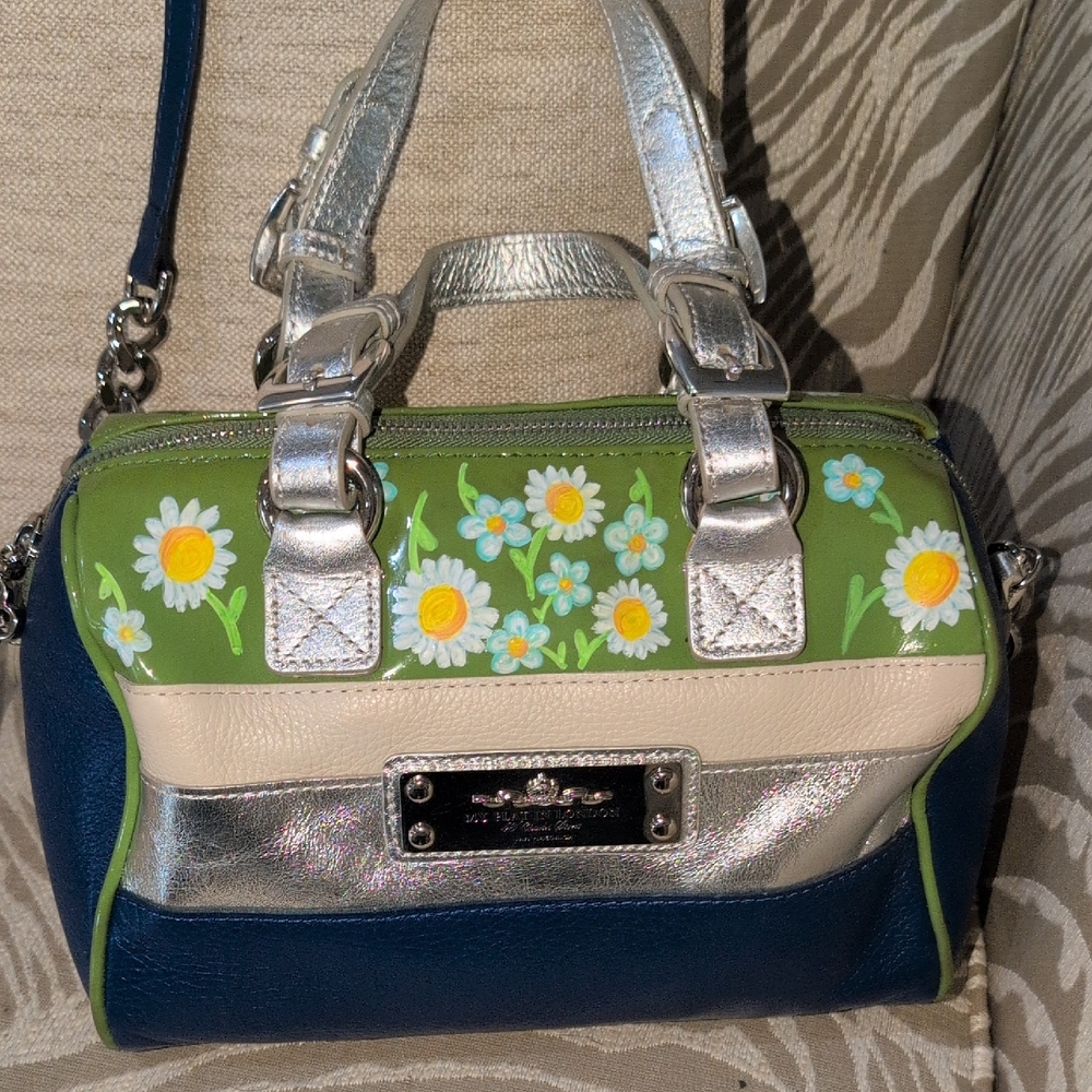 My Flat in London Silver and Green Floral Satchel - Custom Painted